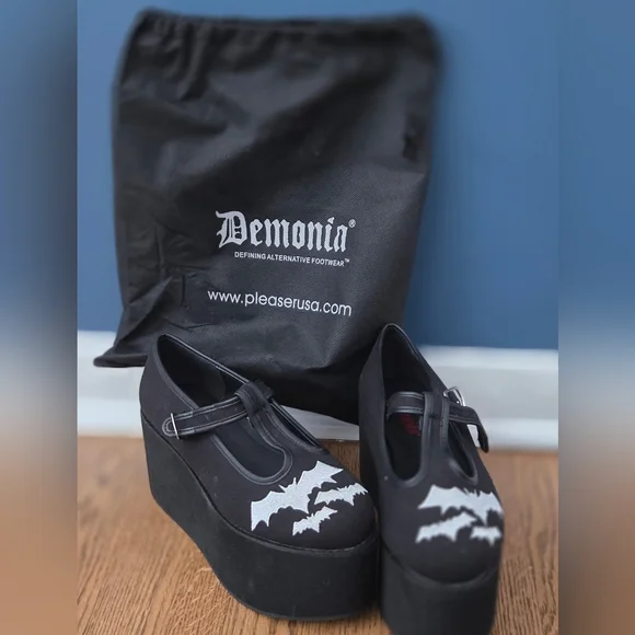 Demonia Black and White Bat Design Platform Mary Janes - Picture 2 of 4